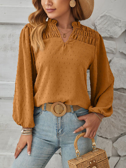 Vintage-Chic Swiss Dots Smocked Puff Long Sleeves Office Blouse