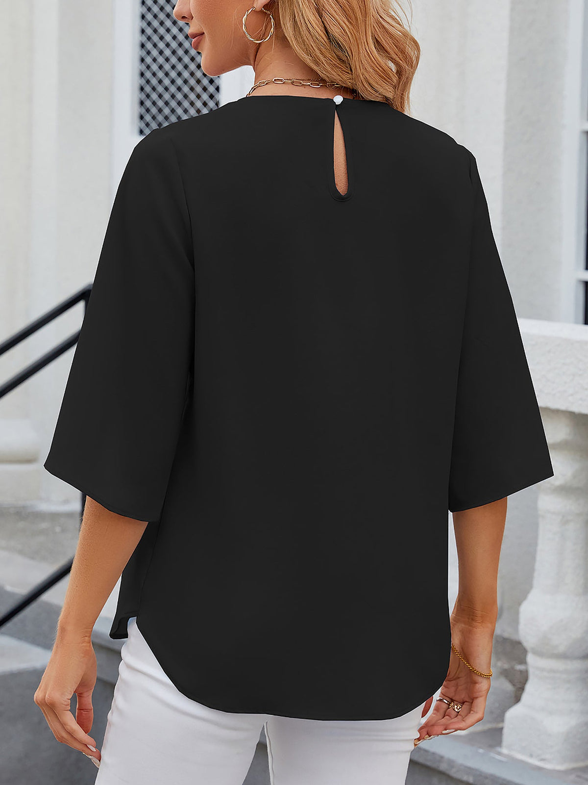 Lightweight Flowy Solid Color Round Neck 3/4 Sleeve Chiffon Blouse