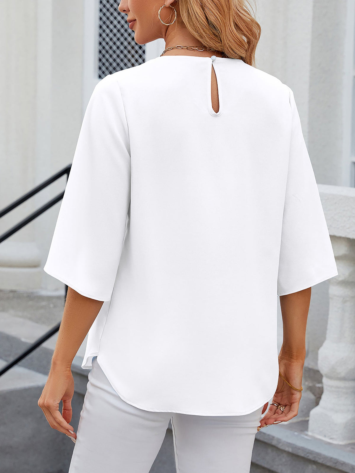 Lightweight Flowy Solid Color Round Neck 3/4 Sleeve Chiffon Blouse
