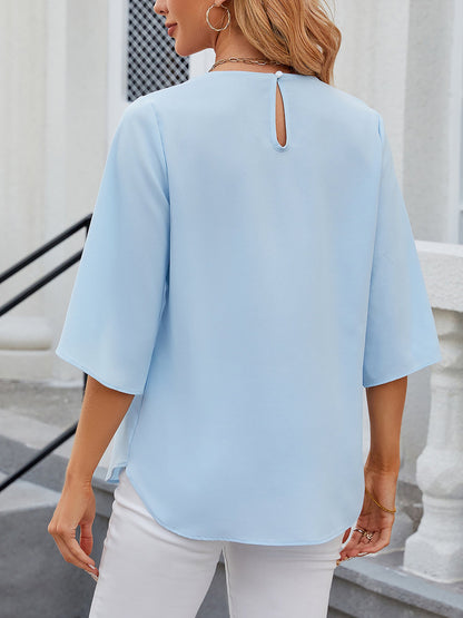 Lightweight Flowy Solid Color Round Neck 3/4 Sleeve Chiffon Blouse