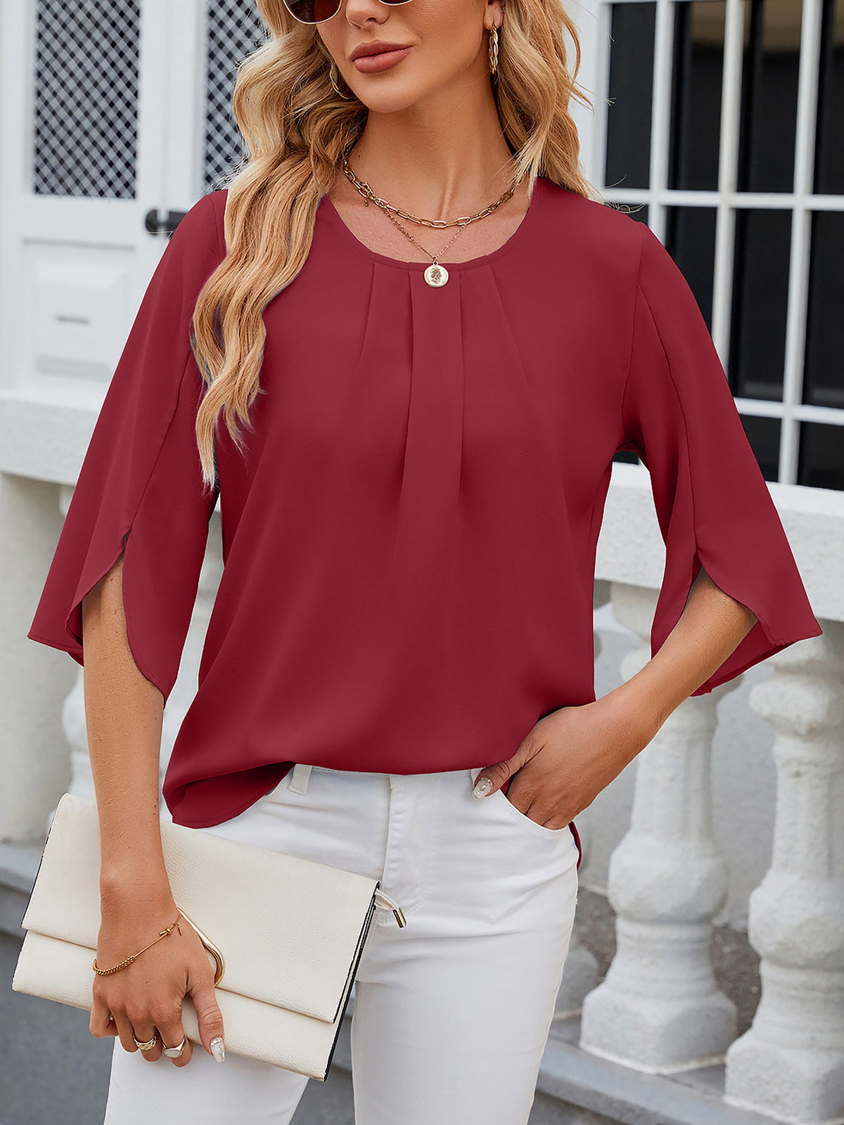 Lightweight Flowy Solid Color Round Neck 3/4 Sleeve Chiffon Blouse