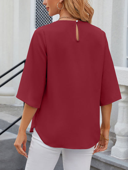 Lightweight Flowy Solid Color Round Neck 3/4 Sleeve Chiffon Blouse