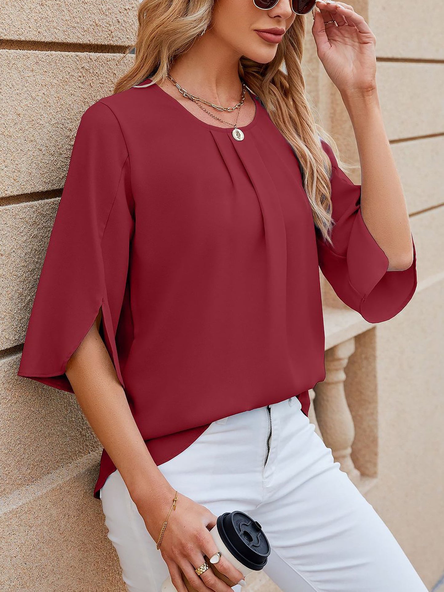 Lightweight Flowy Solid Color Round Neck 3/4 Sleeve Chiffon Blouse