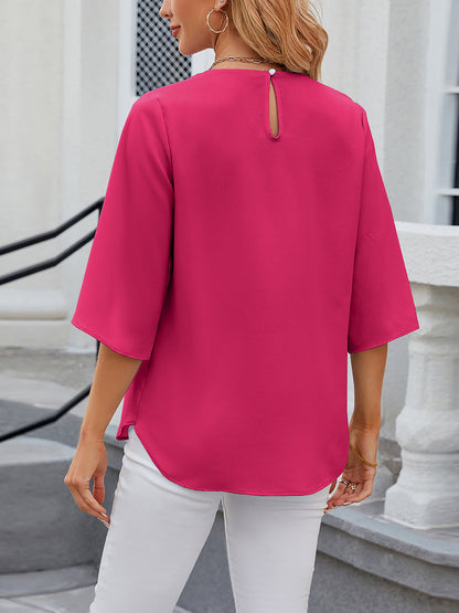 Lightweight Flowy Solid Color Round Neck 3/4 Sleeve Chiffon Blouse