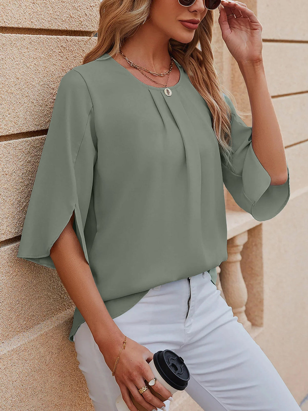 Lightweight Flowy Solid Color Round Neck 3/4 Sleeve Chiffon Blouse