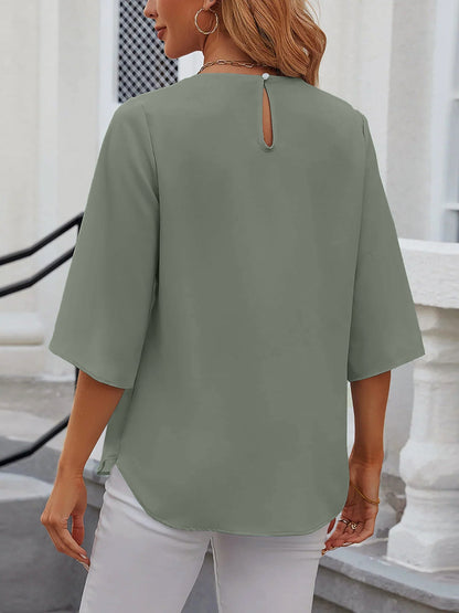 Lightweight Flowy Solid Color Round Neck 3/4 Sleeve Chiffon Blouse