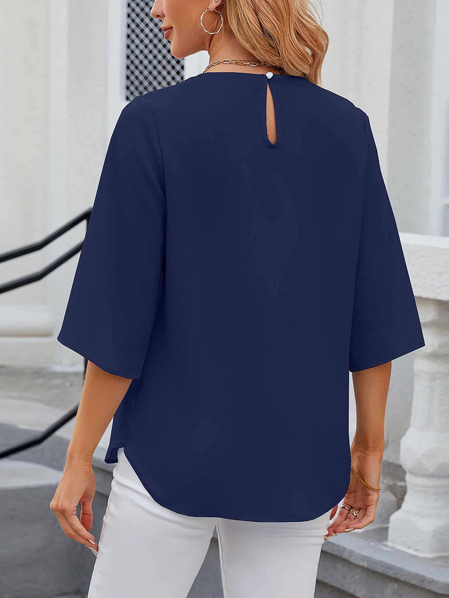 Lightweight Flowy Solid Color Round Neck 3/4 Sleeve Chiffon Blouse