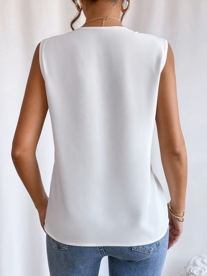 Elegant A-Line Silhouette Pleated V Neck Sleeveless Solid Color Top