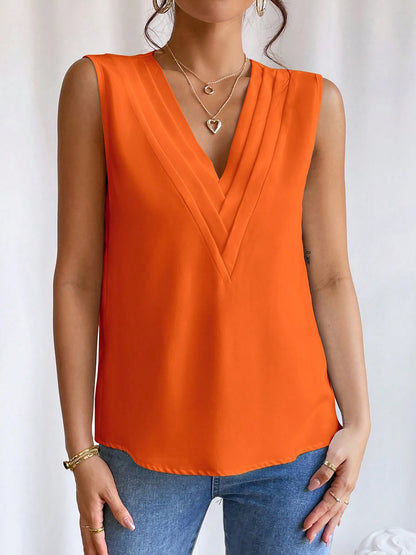 Elegant A-Line Silhouette Pleated V Neck Sleeveless Solid Color Top