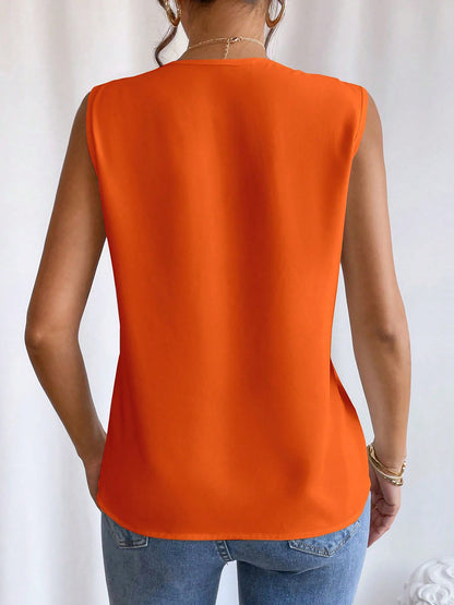Elegant A-Line Silhouette Pleated V Neck Sleeveless Solid Color Top