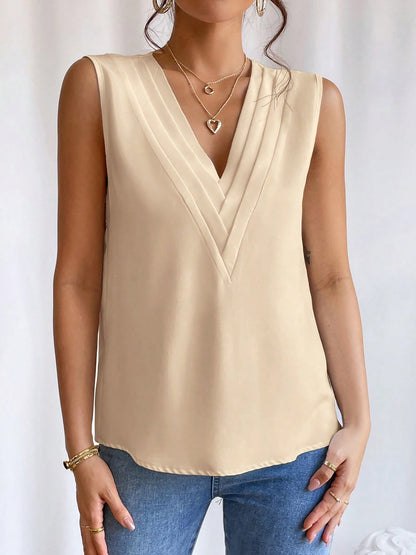 Elegant A-Line Silhouette Pleated V Neck Sleeveless Solid Color Top