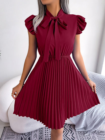 Wrinkle-Resistant Chiffon Bow Tie Neck Ruffled Sleeves Pleated Midi Dress