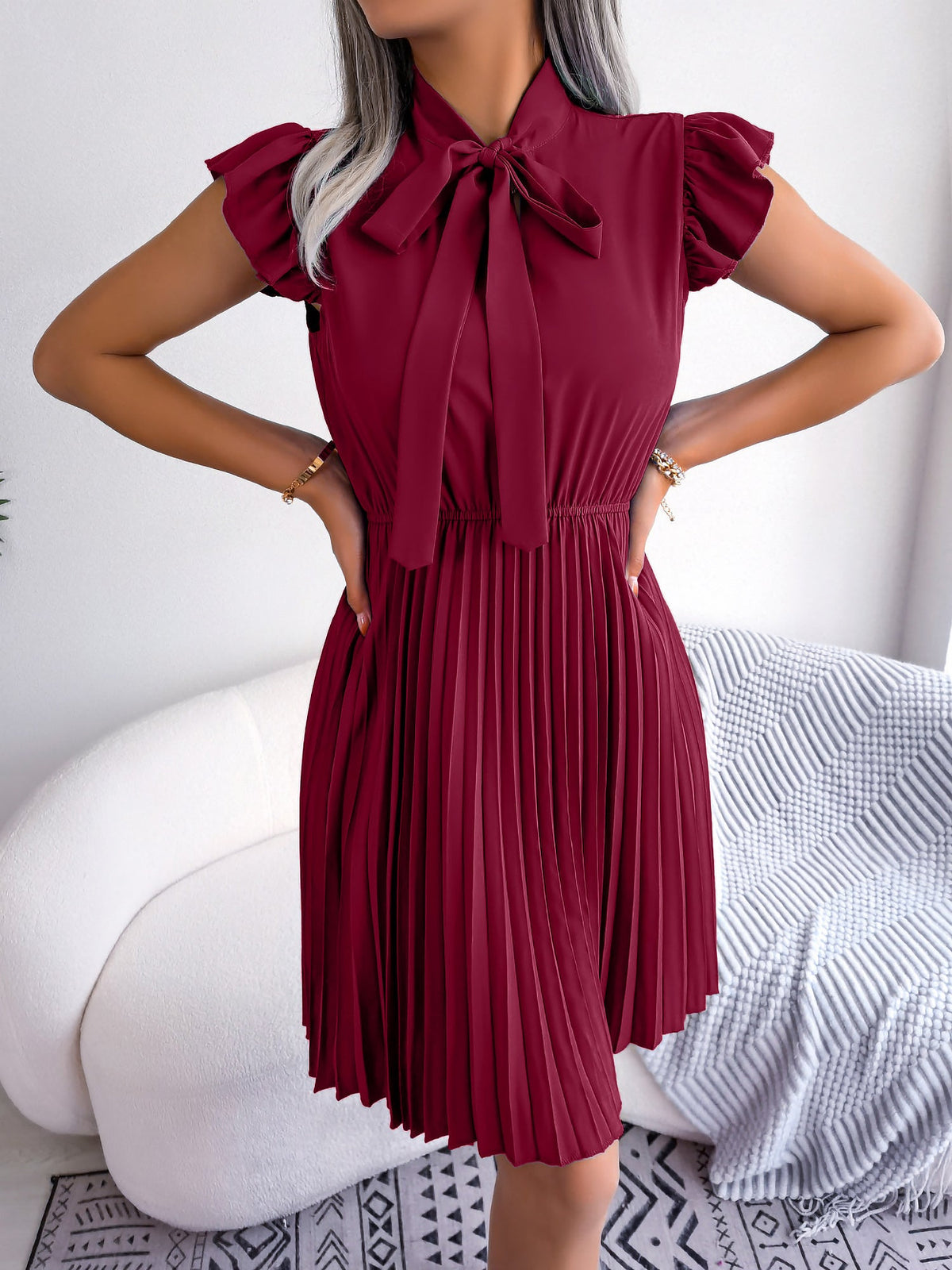 Wrinkle-Resistant Chiffon Bow Tie Neck Ruffled Sleeves Pleated Midi Dress