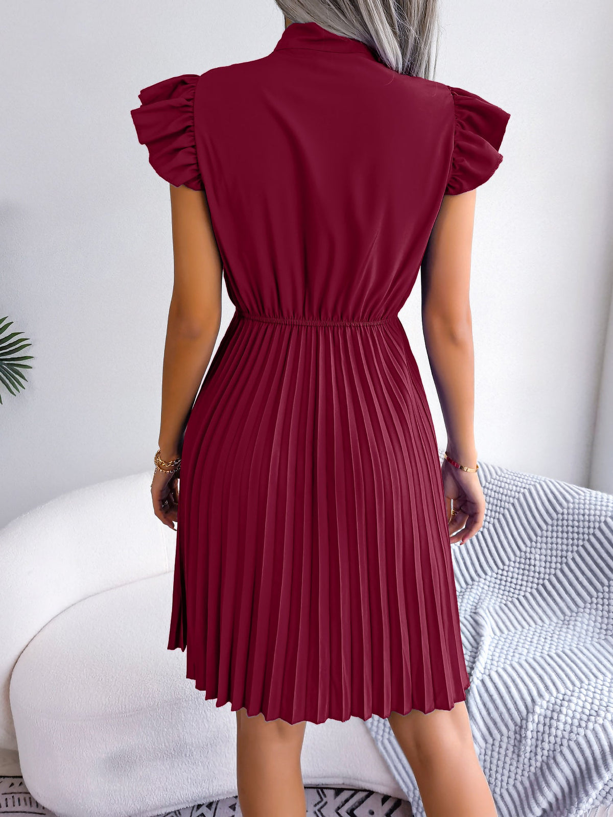 Wrinkle-Resistant Chiffon Bow Tie Neck Ruffled Sleeves Pleated Midi Dress