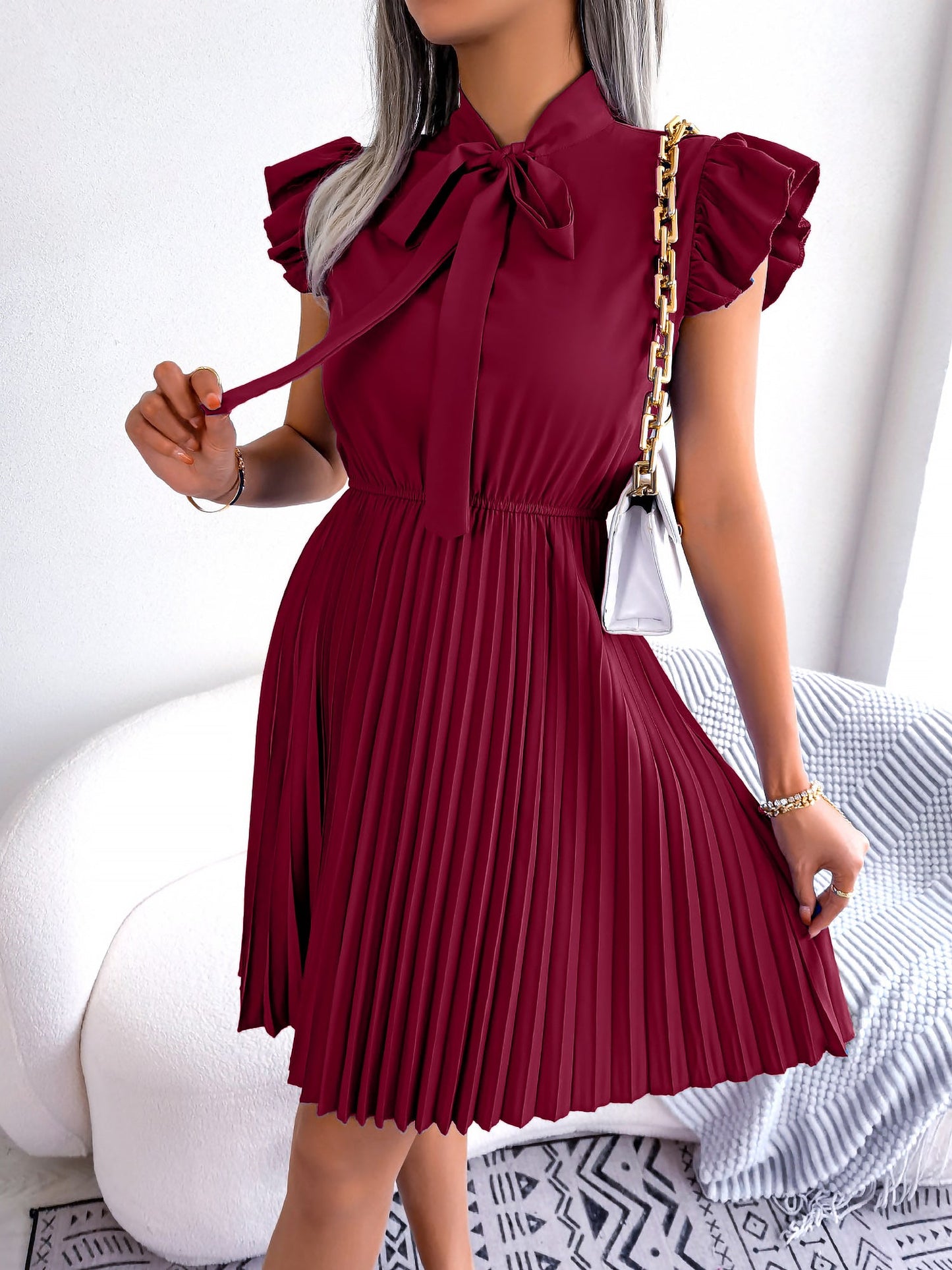 Wrinkle-Resistant Chiffon Bow Tie Neck Ruffled Sleeves Pleated Midi Dress