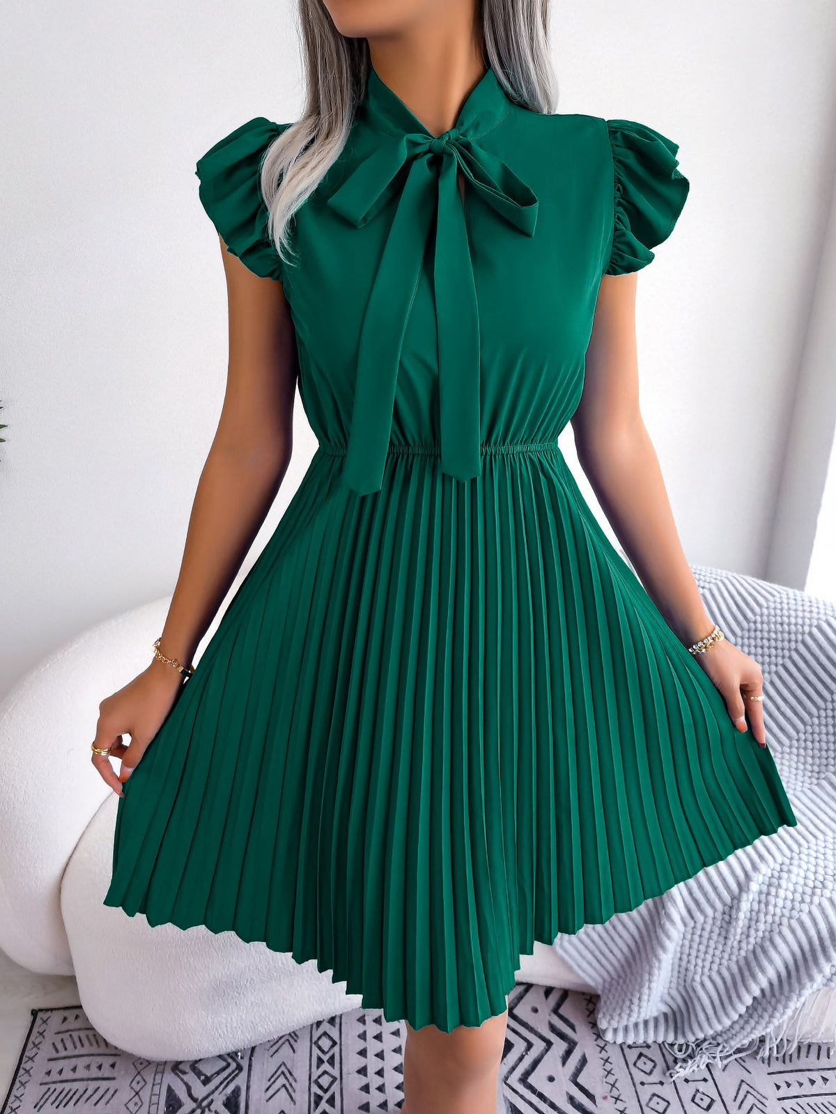 Wrinkle-Resistant Chiffon Bow Tie Neck Ruffled Sleeves Pleated Midi Dress