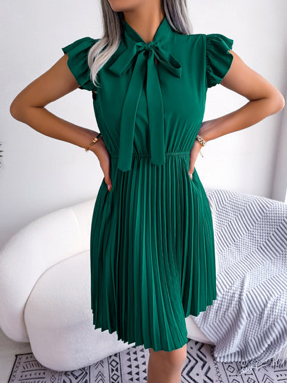 Wrinkle-Resistant Chiffon Bow Tie Neck Ruffled Sleeves Pleated Midi Dress