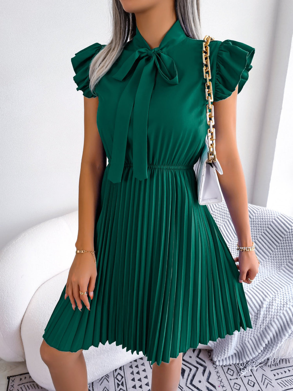 Wrinkle-Resistant Chiffon Bow Tie Neck Ruffled Sleeves Pleated Midi Dress