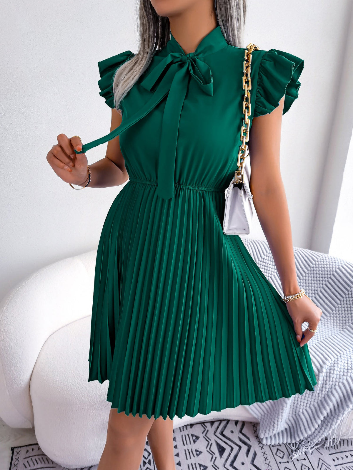 Wrinkle-Resistant Chiffon Bow Tie Neck Ruffled Sleeves Pleated Midi Dress