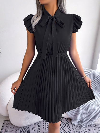 Wrinkle-Resistant Chiffon Bow Tie Neck Ruffled Sleeves Pleated Midi Dress