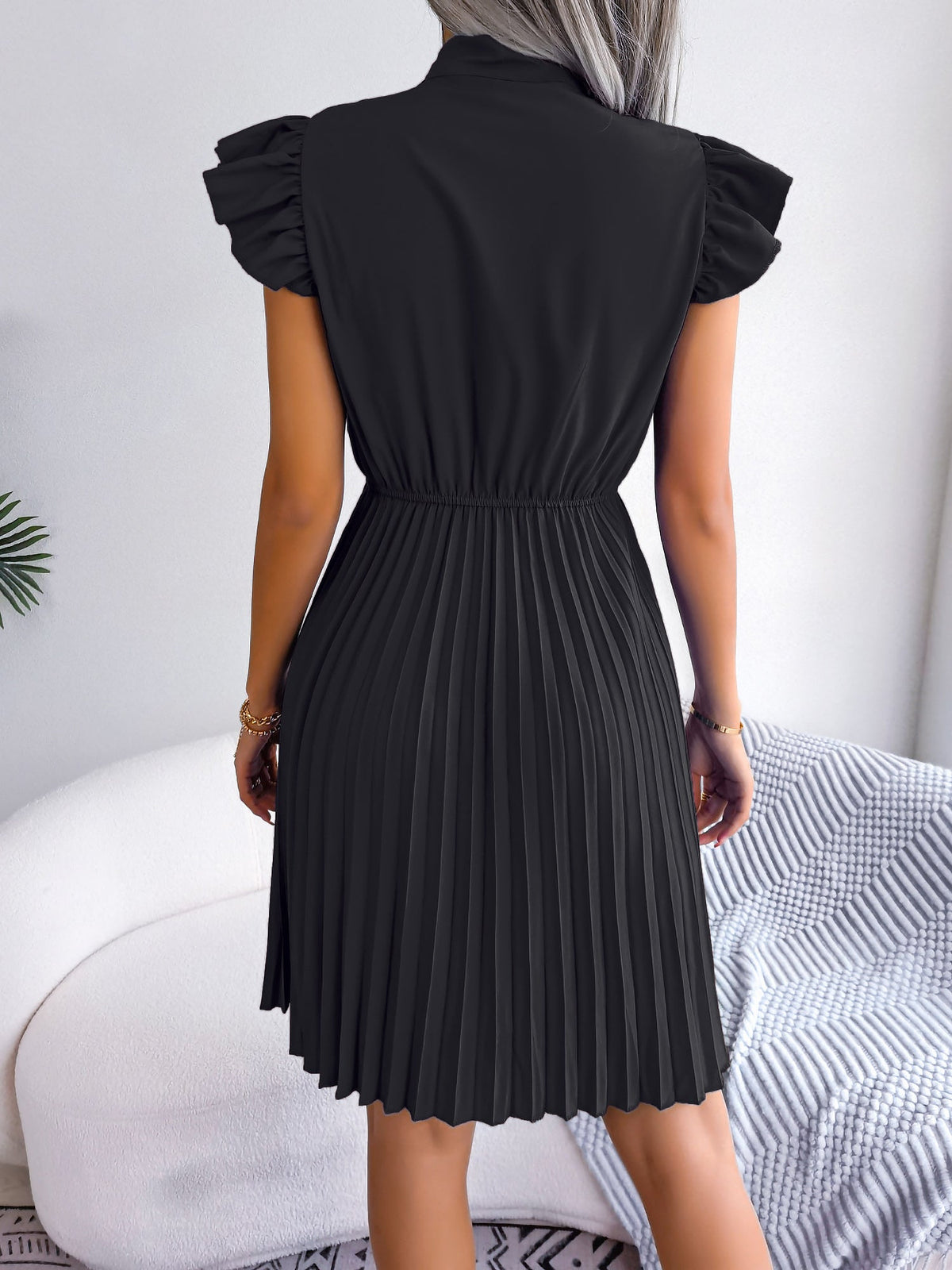 Wrinkle-Resistant Chiffon Bow Tie Neck Ruffled Sleeves Pleated Midi Dress