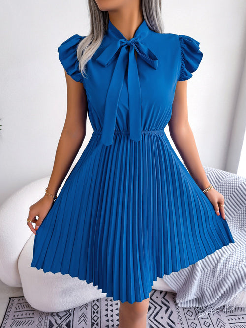 Wrinkle-Resistant Chiffon Bow Tie Neck Ruffled Sleeves Pleated Midi Dress