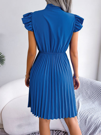 Wrinkle-Resistant Chiffon Bow Tie Neck Ruffled Sleeves Pleated Midi Dress