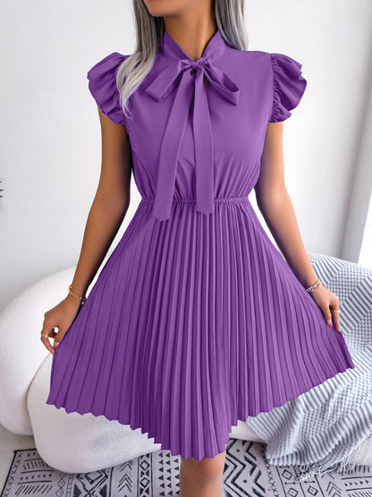 Wrinkle-Resistant Chiffon Bow Tie Neck Ruffled Sleeves Pleated Midi Dress