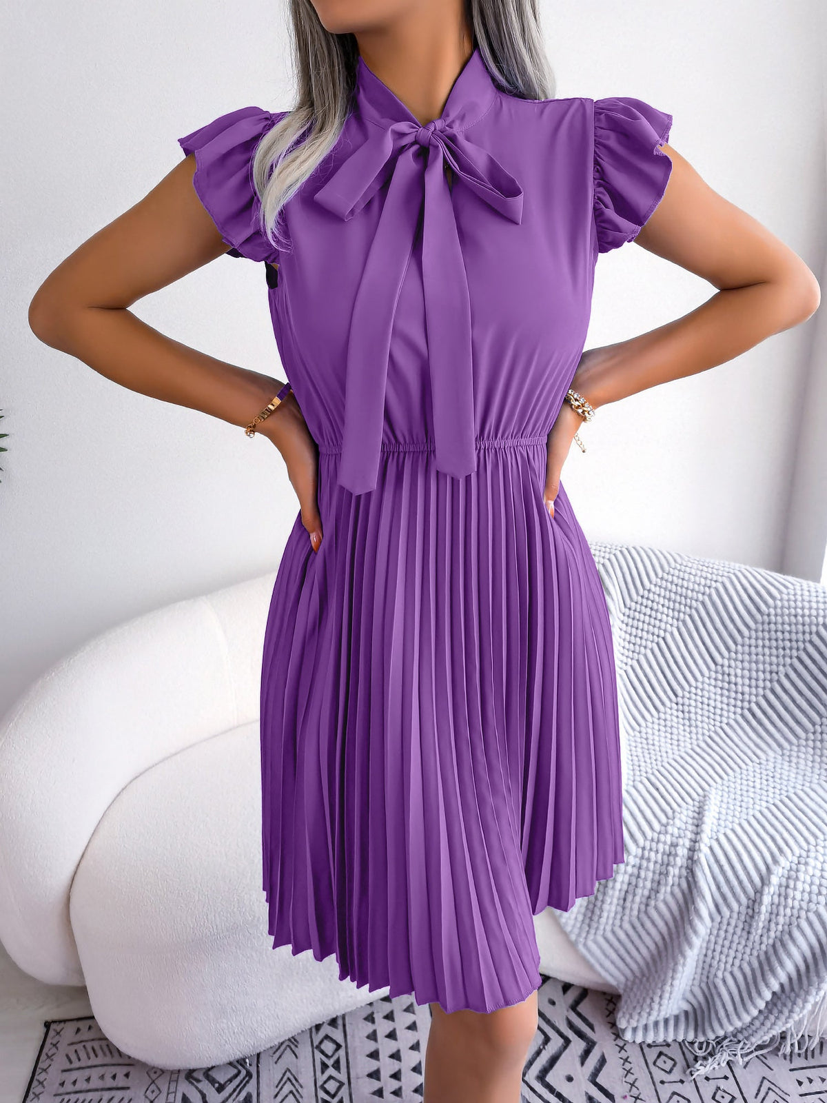 Wrinkle-Resistant Chiffon Bow Tie Neck Ruffled Sleeves Pleated Midi Dress