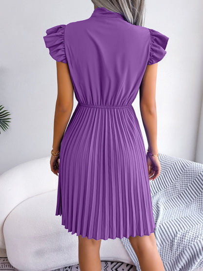Wrinkle-Resistant Chiffon Bow Tie Neck Ruffled Sleeves Pleated Midi Dress