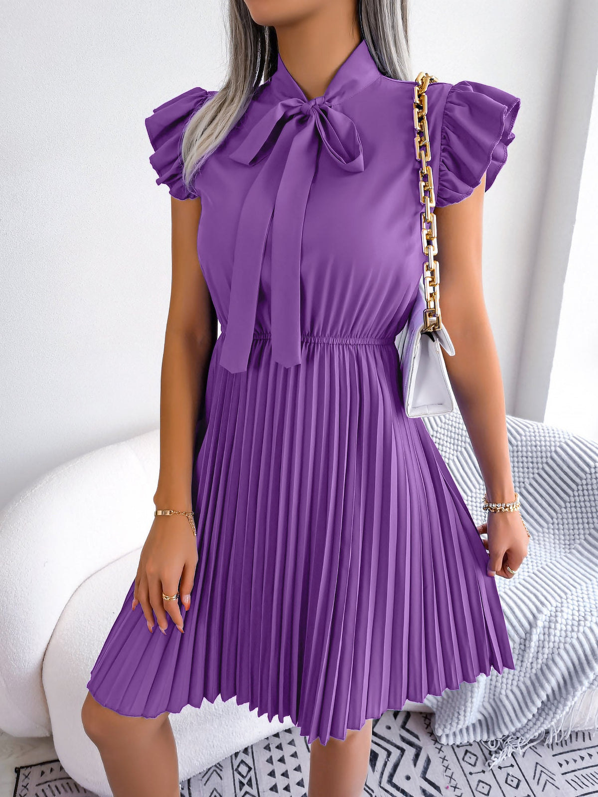 Wrinkle-Resistant Chiffon Bow Tie Neck Ruffled Sleeves Pleated Midi Dress