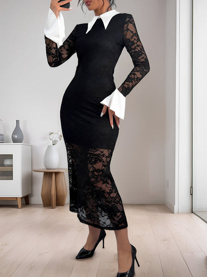Lace Colorblock Long Sleeves Bodycon Maxi Dress