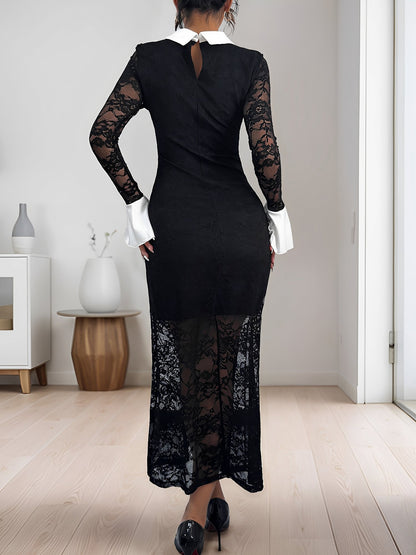 Lace Colorblock Long Sleeves Bodycon Maxi Dress