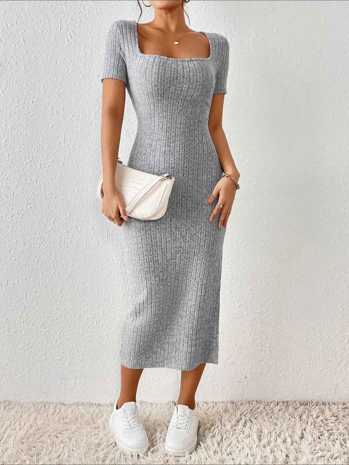 Square Neck Solid Color Bodycon Slit Midi Dress