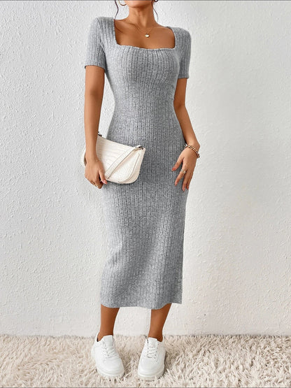 Square Neck Solid Color Bodycon Slit Midi Dress