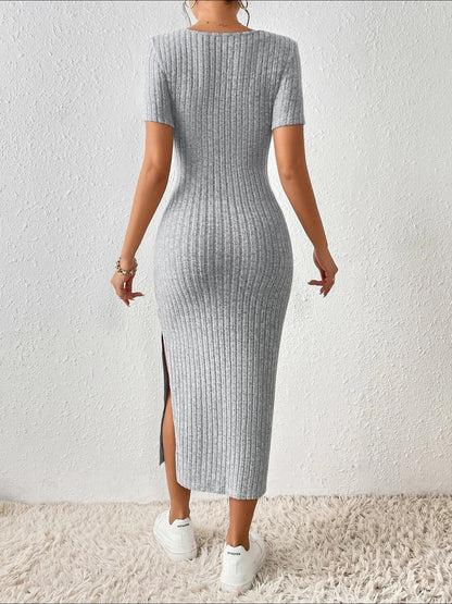 Square Neck Solid Color Bodycon Slit Midi Dress