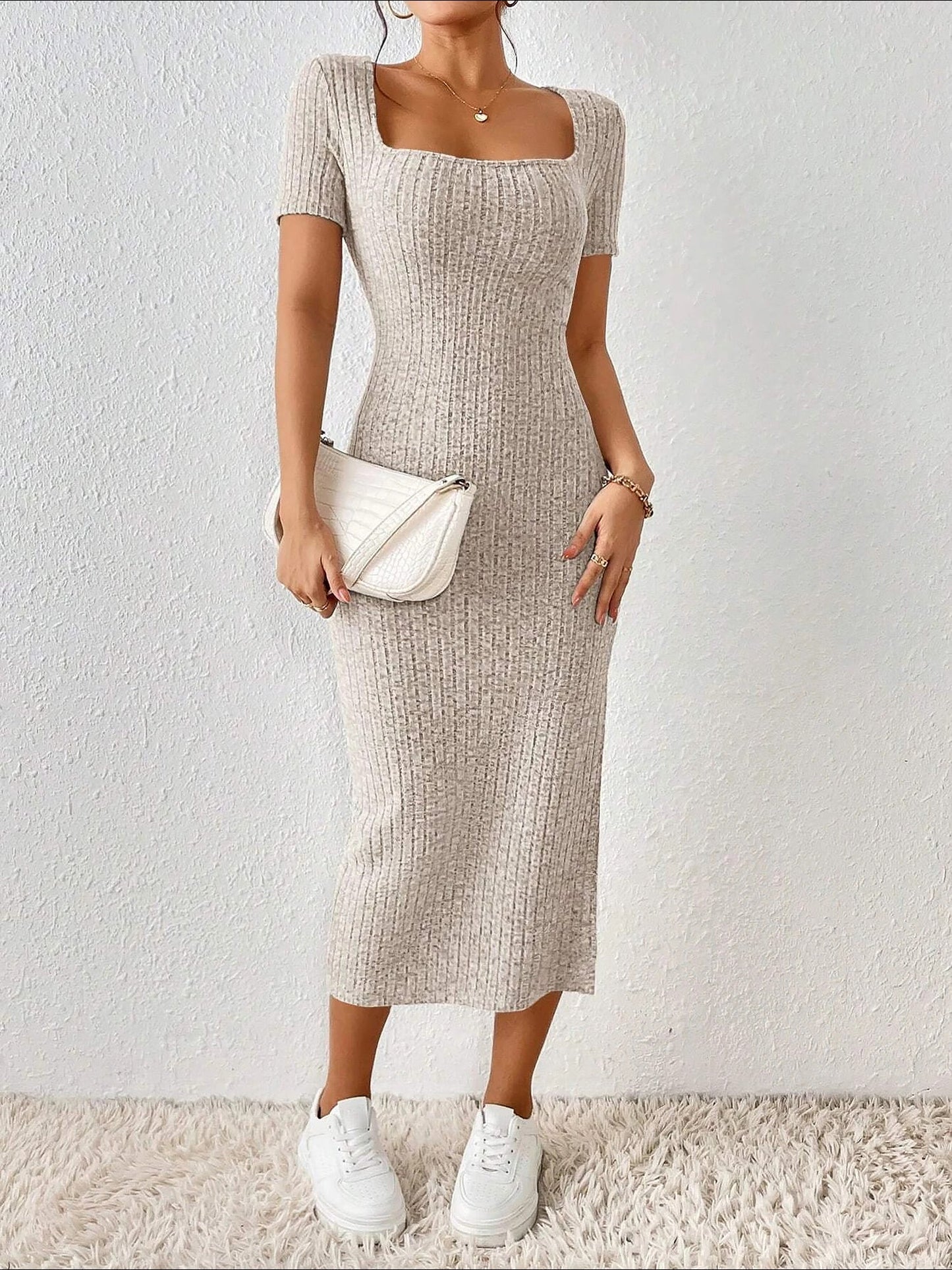 Square Neck Solid Color Bodycon Slit Midi Dress