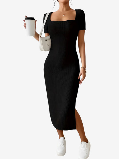 Square Neck Solid Color Bodycon Slit Midi Dress