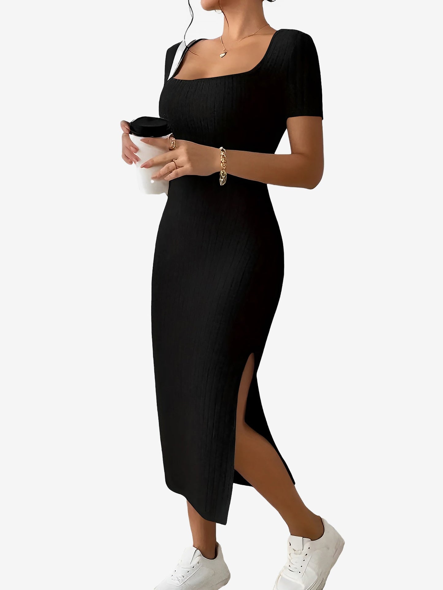 Square Neck Solid Color Bodycon Slit Midi Dress
