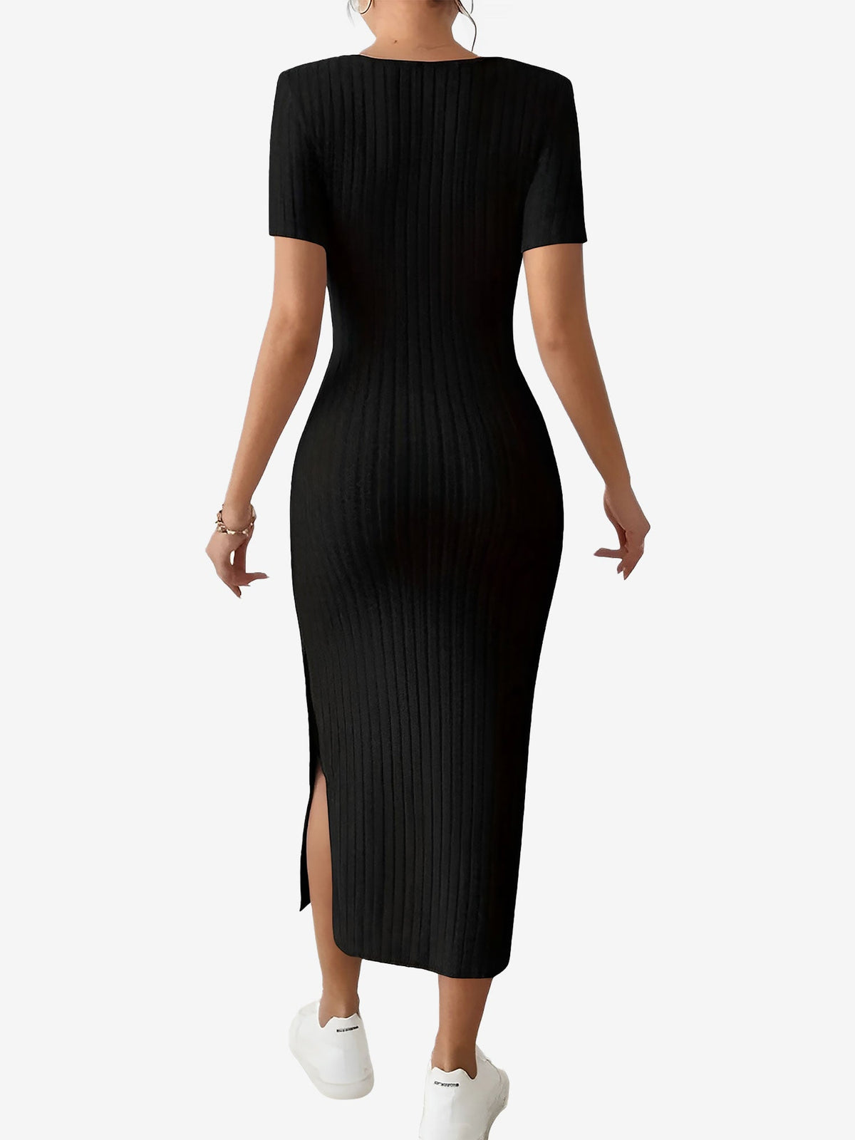Square Neck Solid Color Bodycon Slit Midi Dress