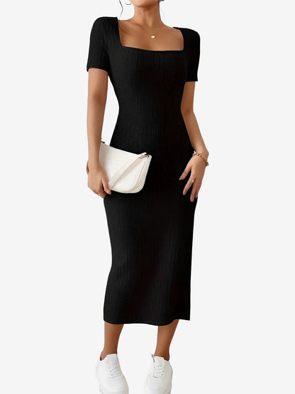 Square Neck Solid Color Bodycon Slit Midi Dress