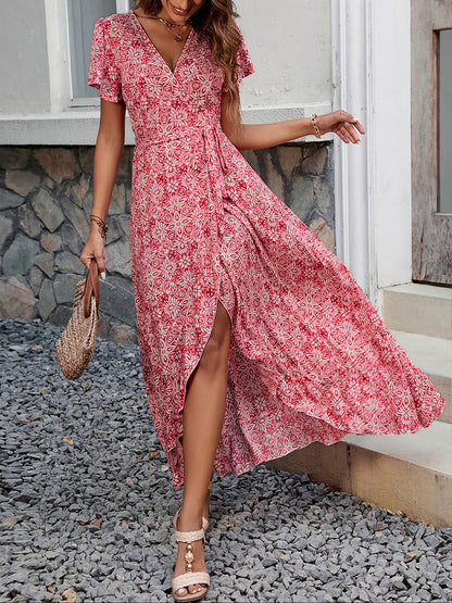 Floral V Neck Short Sleeves Maxi Wrap Dress