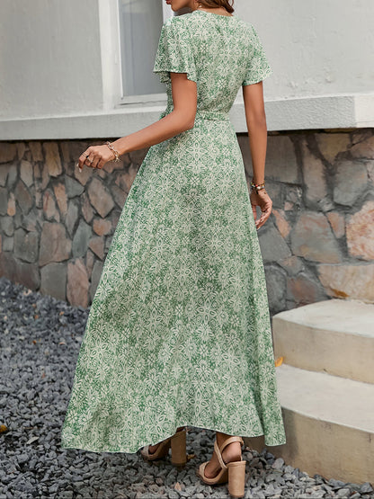 Floral V Neck Short Sleeves Maxi Wrap Dress