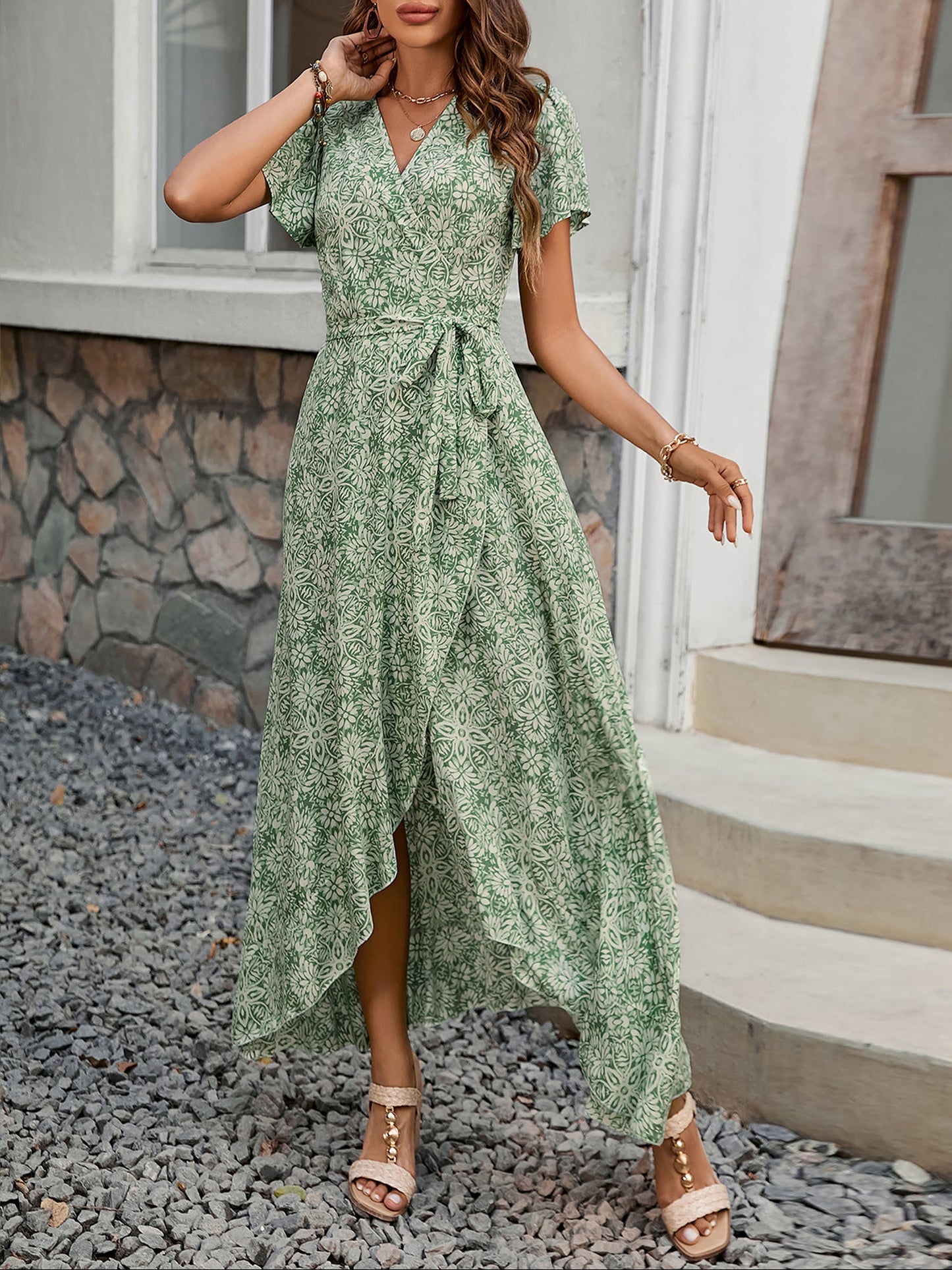 Floral V Neck Short Sleeves Maxi Wrap Dress