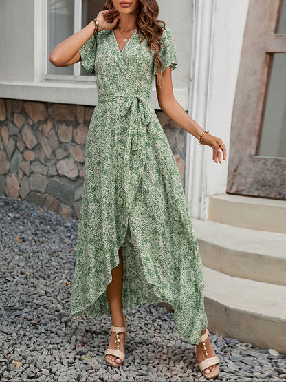 Floral V Neck Short Sleeves Maxi Wrap Dress
