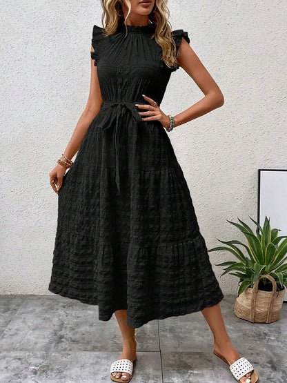Ruffled Cap Sleeves Lace-Up Textured Tiered Dress