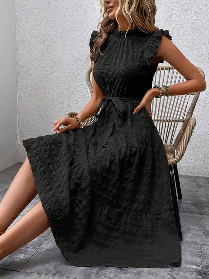Ruffled Cap Sleeves Lace-Up Textured Tiered Dress