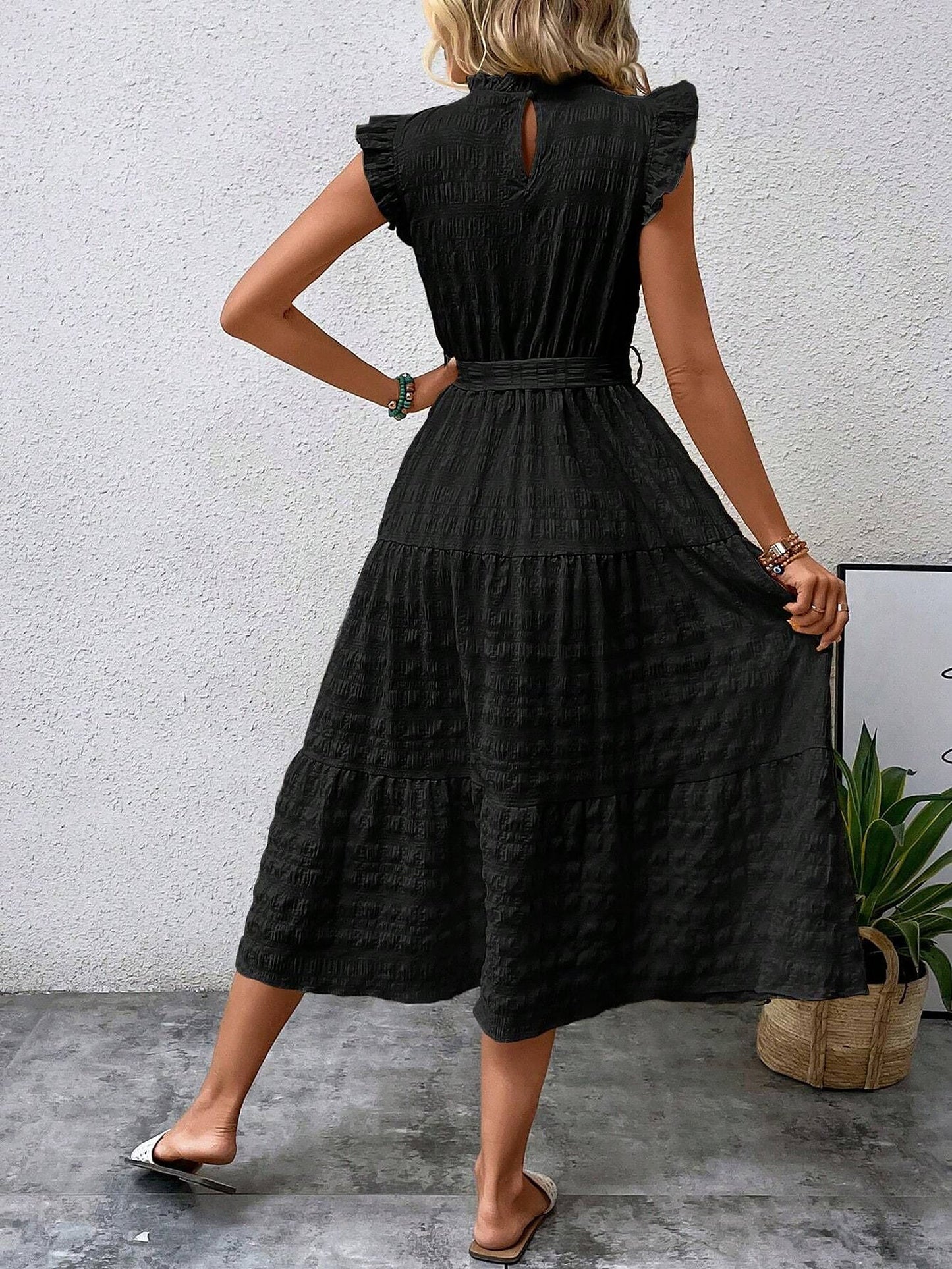 Ruffled Cap Sleeves Lace-Up Textured Tiered Dress