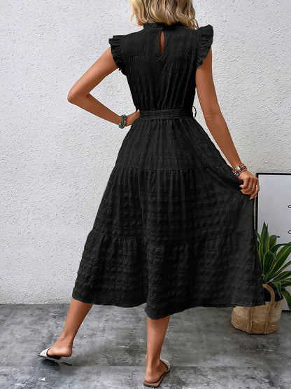 Ruffled Cap Sleeves Lace-Up Textured Tiered Dress
