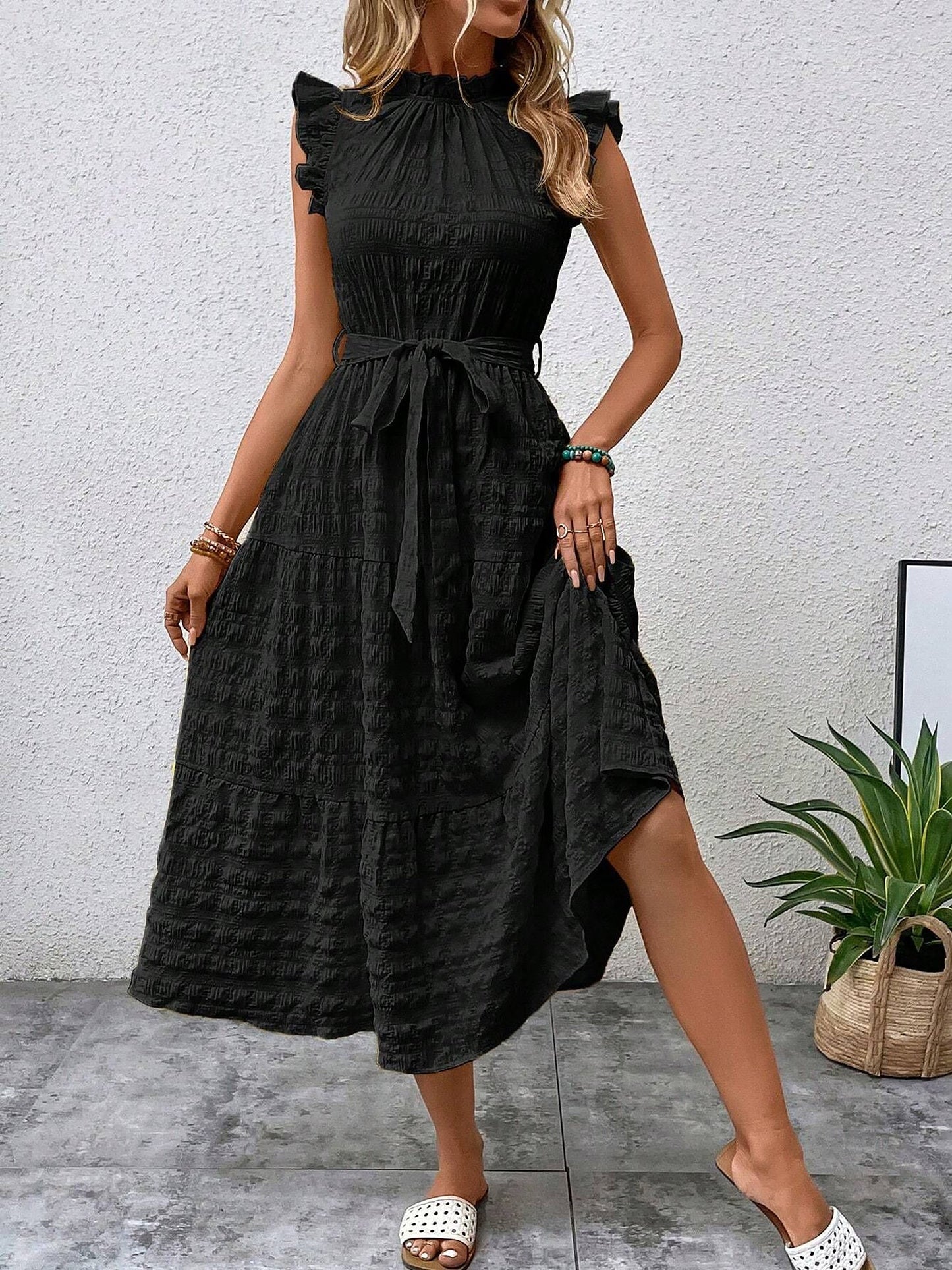 Ruffled Cap Sleeves Lace-Up Textured Tiered Dress